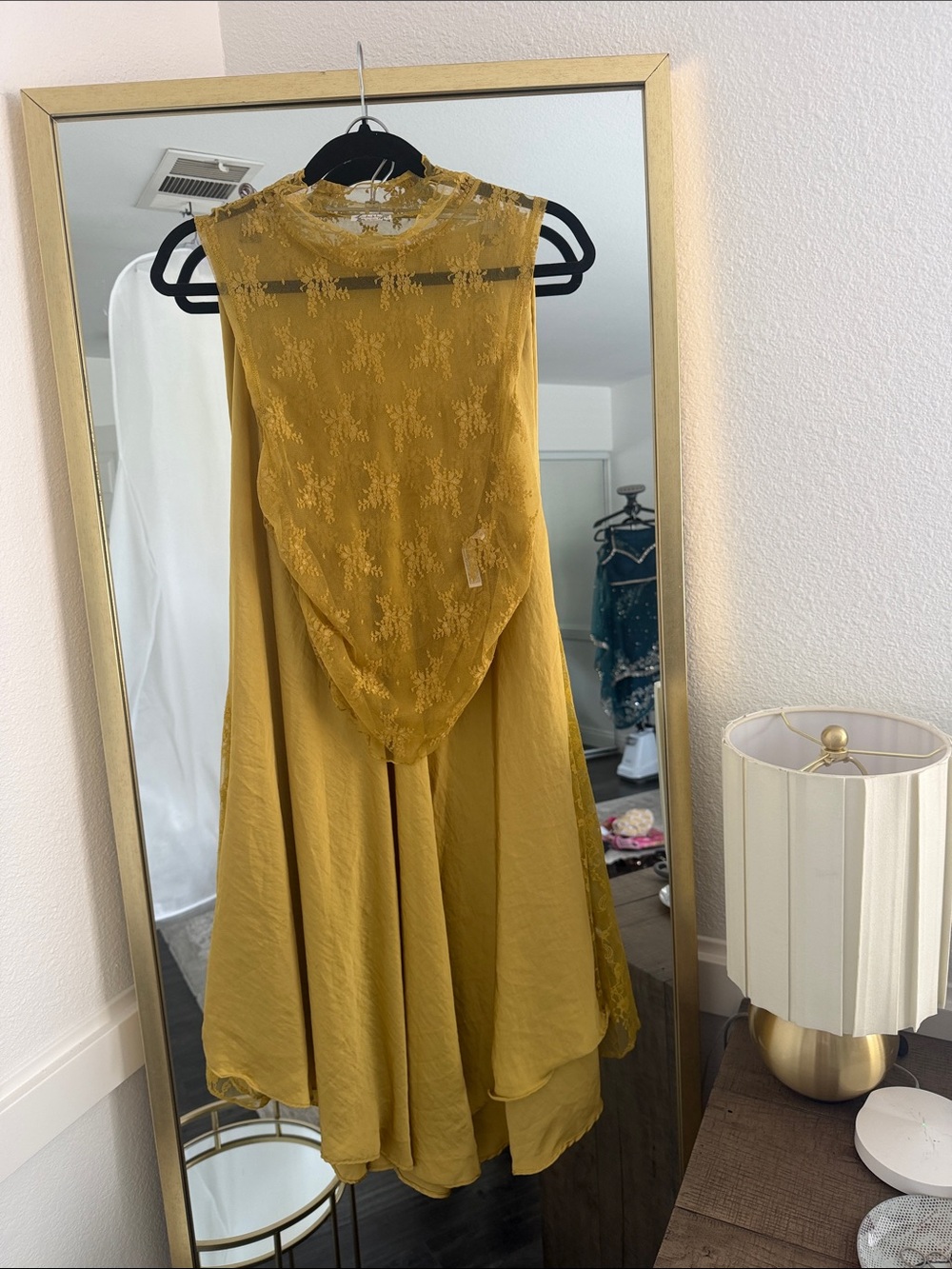 Free People Mustard Lace Overlay Maxi Skirt with matching top.